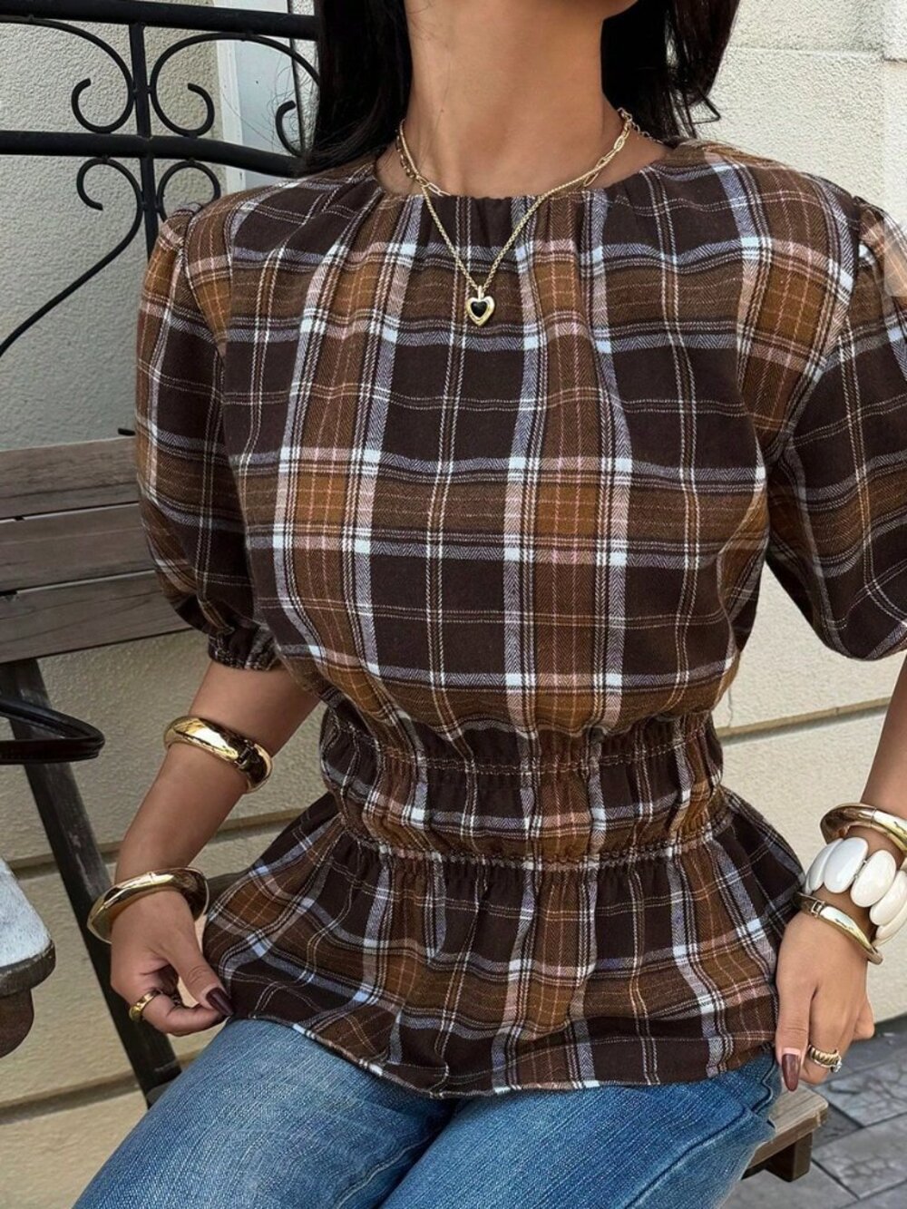 Chocolate Brown Casual Women's Cinched Waist Shirt Checkered Top Blouse